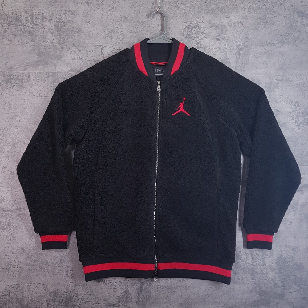 NIKE AIR JORDAN 1 Shearling Zip Up Fleece Jacket Mens LARGE Black Red Bred